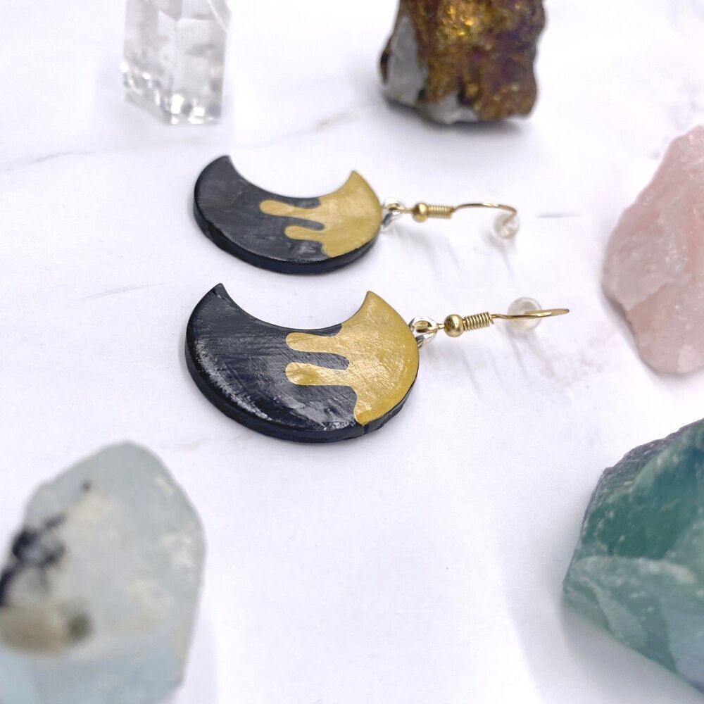 Black and Gold Drippy Moon Wire Hook Dangle Earrings - Picture 4 of 10